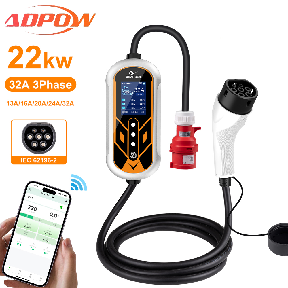 Ev Charger Type 2 22Kw 32A 3 Phase - ADPOW Portable 32A Type2 EV chargeurs